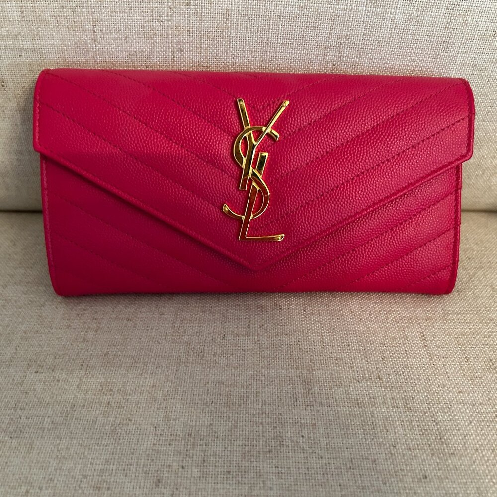 Saint Laurent Pink Grain De Poudre Matelasse Chevron Monogram Flap Wallet